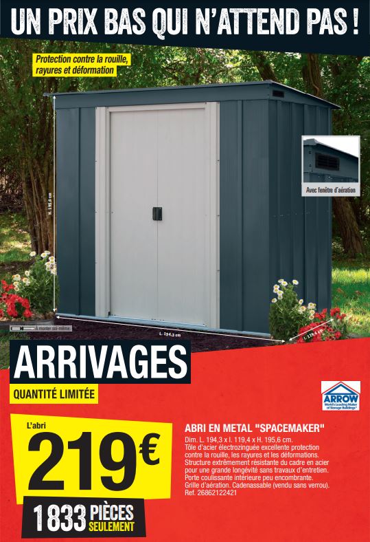 Promo Abri De Jardin Métal 4,98 M2 chez Brico Dépôt