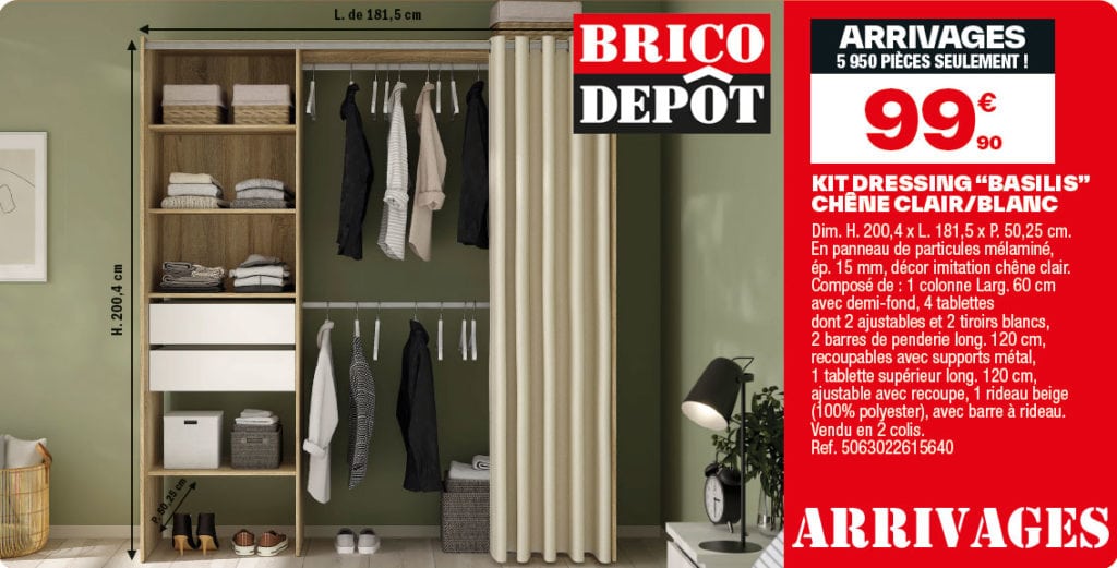 Kit dressing Brico Dépôt Basilis en chêne clair et blanc avec rideau beige