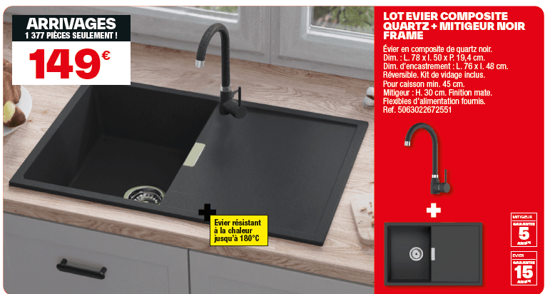 Évier composite quartz + mitigeur noir brico dépôt