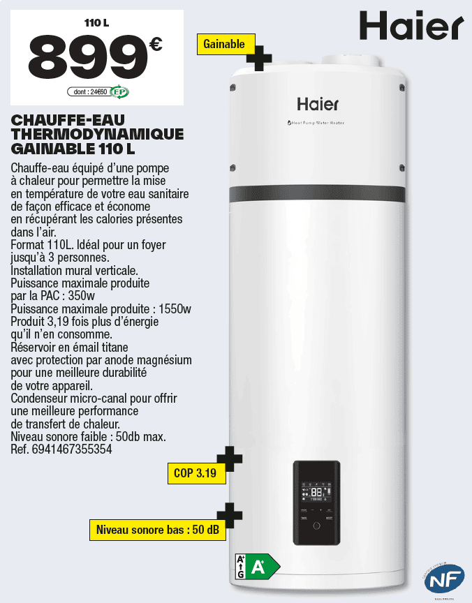 chauffe eau thermodynamique Brico Dépôt 110L prix 899€