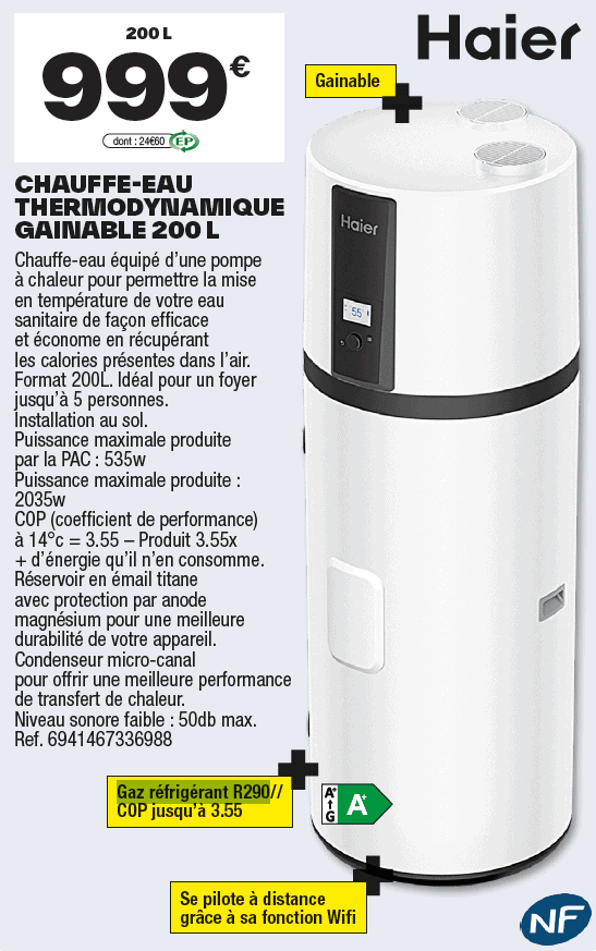 chauffe eau thermodynamique Brico Dépôt 200L Prix 999€