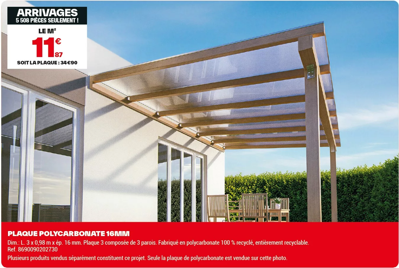 Plaques de polycarbonate de toiture pour pergola bois Brico Dépôt à 99€