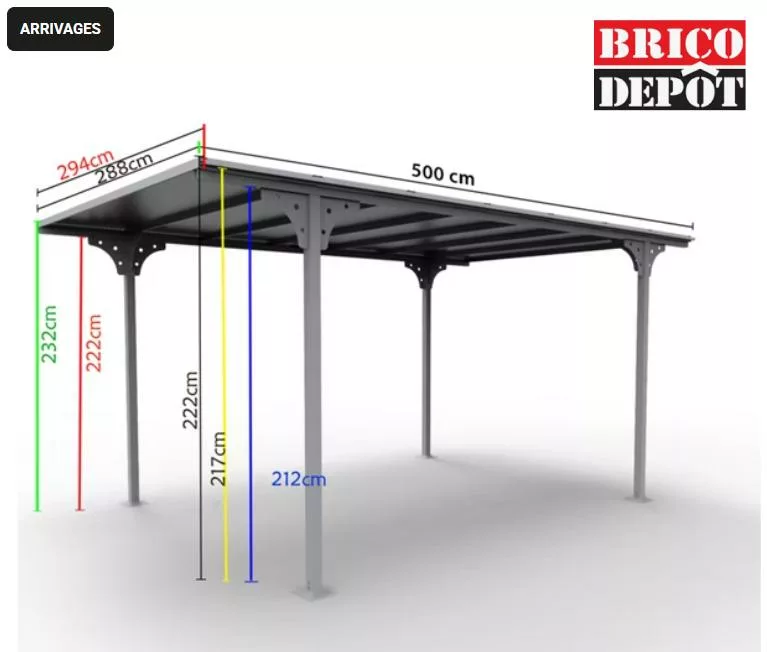 Dimensions du carport Brico Dépôt proposé dans les arrivages du 16 juin 2026